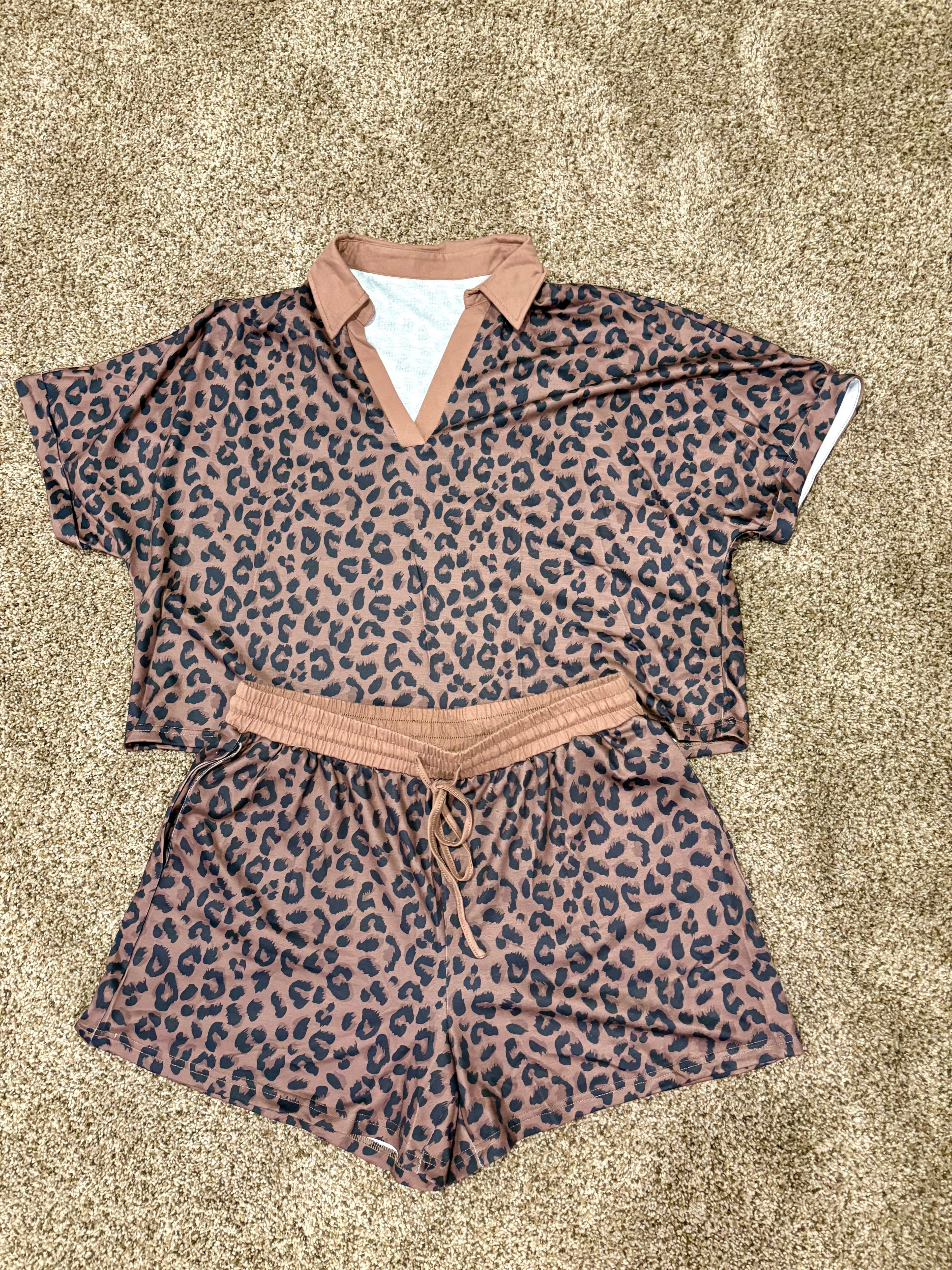 Brown cheetah short set